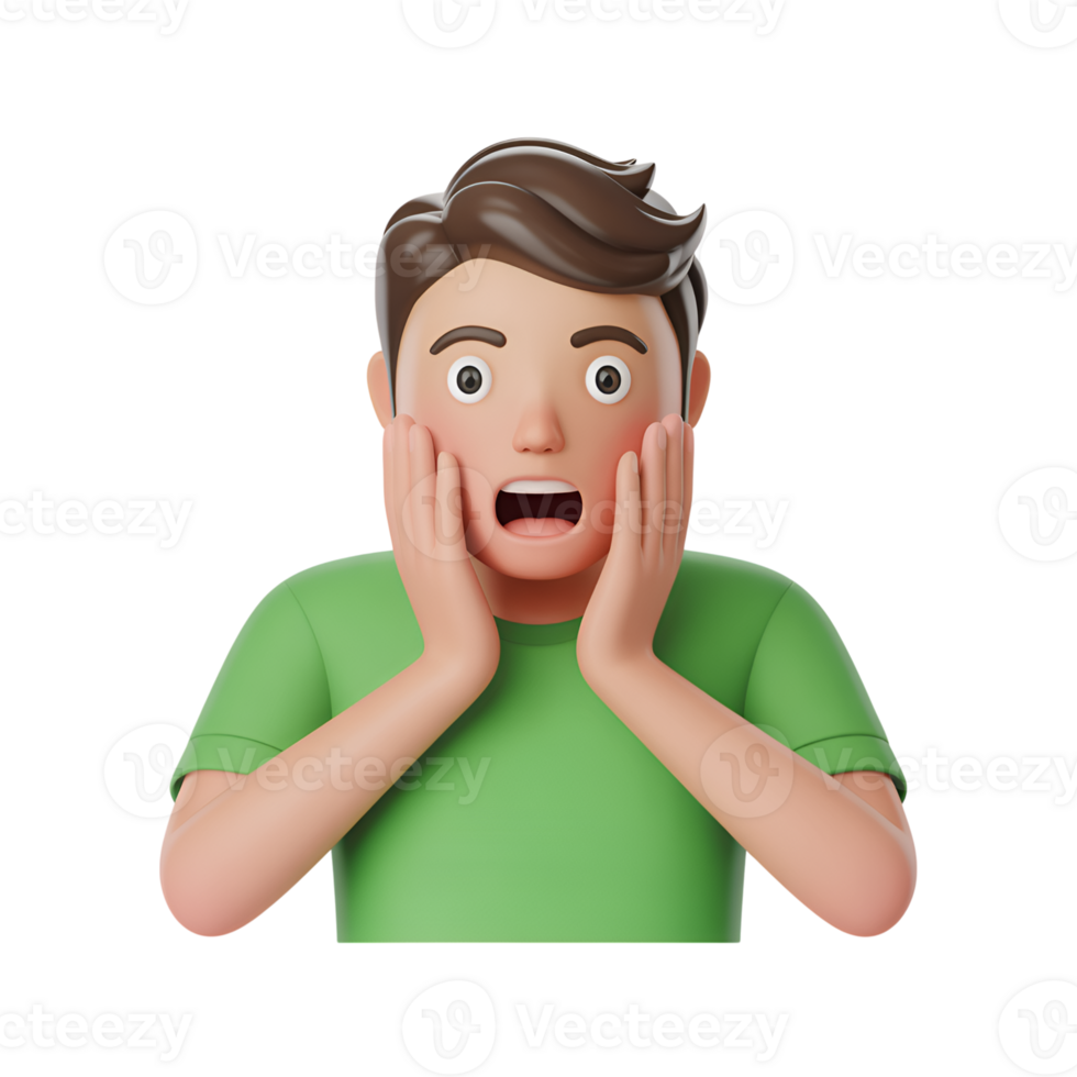 Surprised cartoon man with hands on face and mouth open in disbelief, 3d render png