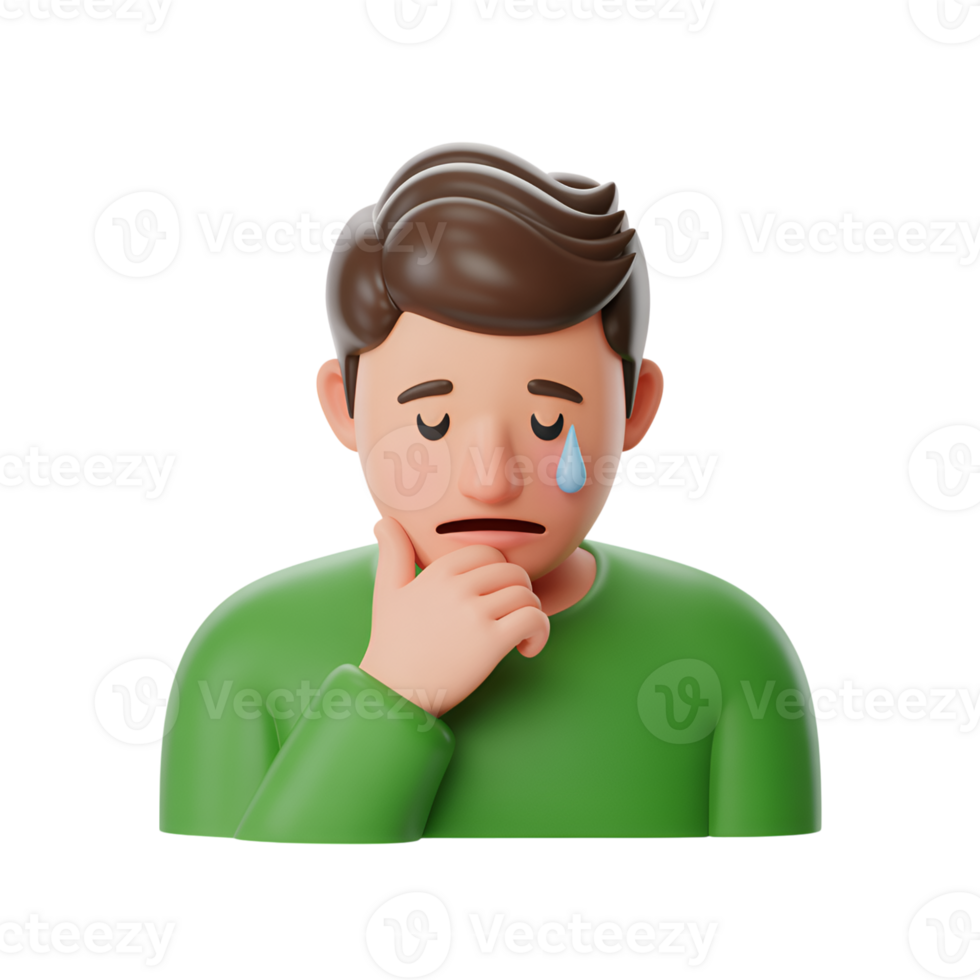 Sad 3d man with tear on cheek and hand on chin wearing green shirt, isolated png