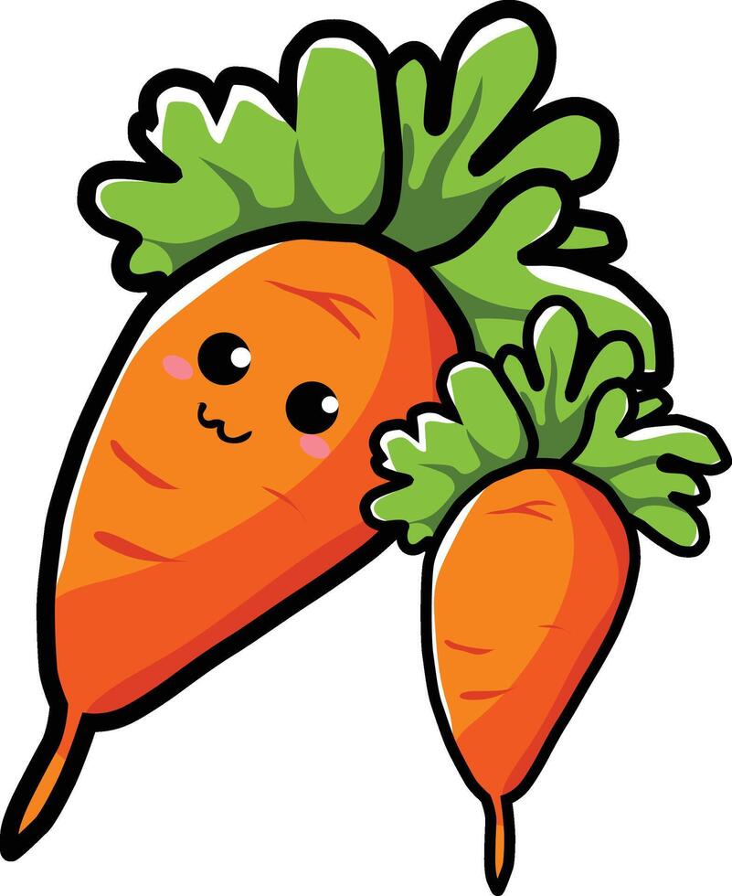 Cute Carrot character, drawn in kawaii cartoon style. Adorable illustration of fresh vegetable, perfect for kids' food designs, healthy eating campaigns, garden-themed and Sticker vector