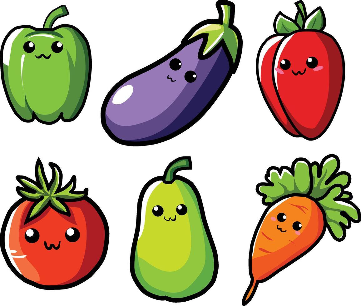 ute cartoon set of kawaii-style vegetables with smiling faces. Includes green bell pepper, eggplant, tomato and carrot. Bright, colorful, and playful illustration vector