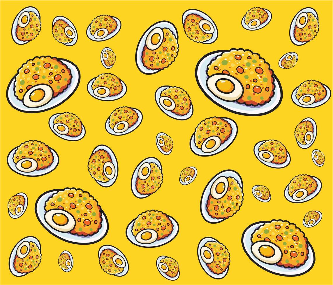 Colorful Fried Rice seamless background in cartoon style on yellow, ideal for fabric or kitchen decor. vector