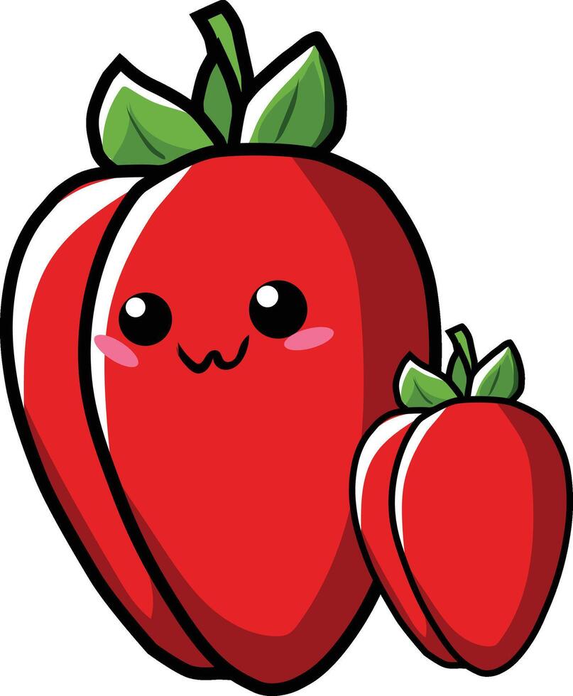 Kawaii style Chili Pepper featuring a smiling cartoon face. Fun and playful vegetable illustration ideal for children's menus, organic food branding, gardening projects, and cute clipart collect vector