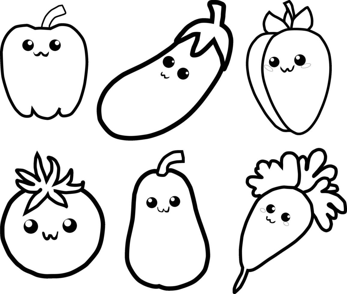 Black and white kawaii Vegetable set in cute cartoon style. with outlined illustrations, Perfect for kids' coloring books, educational worksheets, activity pages, and printables. vector