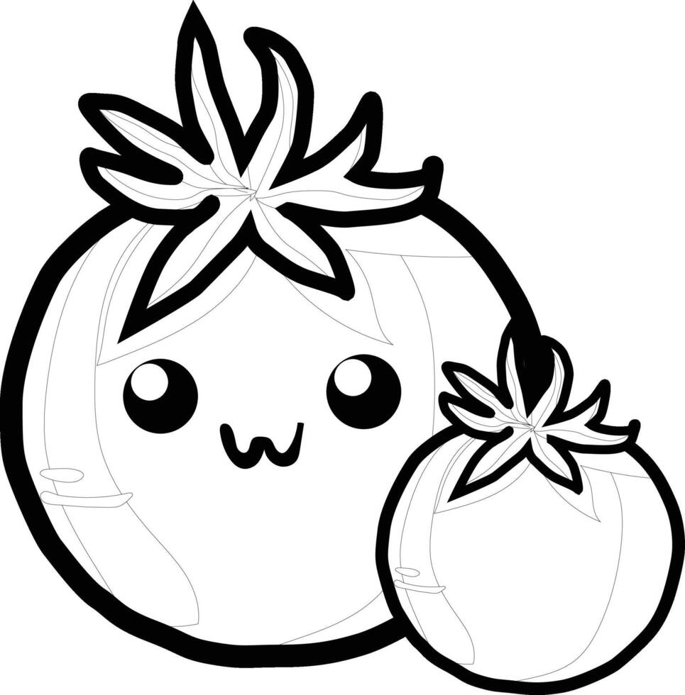 Cute black and white kawaii Tomato illustration. Cartoon style with simple outlines and adorable facial expressions, perfect for coloring pages vector