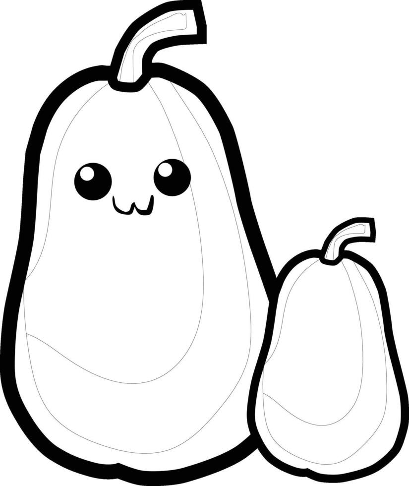 Black and white kawaii green gourd in cute cartoon style. with outlined illustrations, Perfect for kids' coloring books, educational worksheets, activity pages, and printables. vector