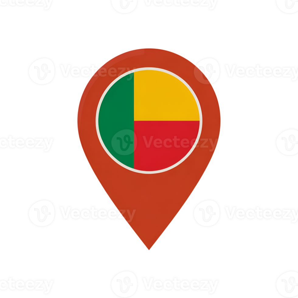 Benin flag in map pointer icon, national colors of green, yellow and red, location symbol png