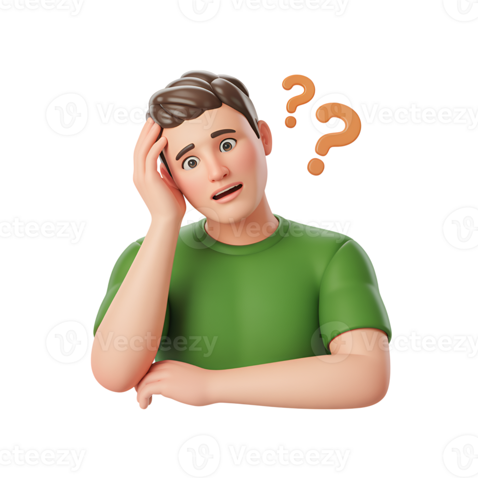Confused man with question marks above head, 3d rendering, thinking concept png
