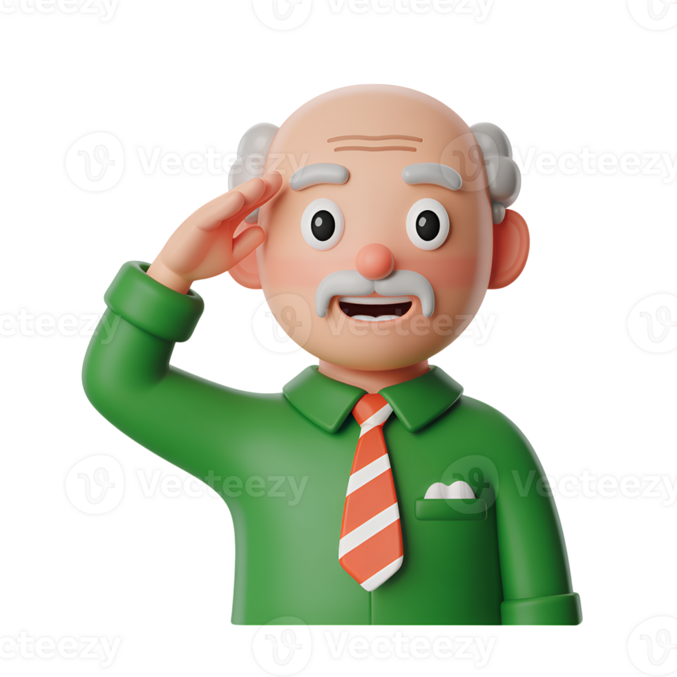 Cartoon man saluting with green shirt and tie on transparent background render 3d png