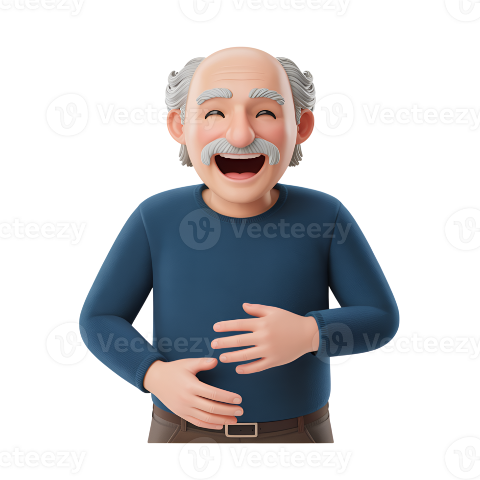 Laughing senior man with mustache holding stomach in a 3d rendering illustration png