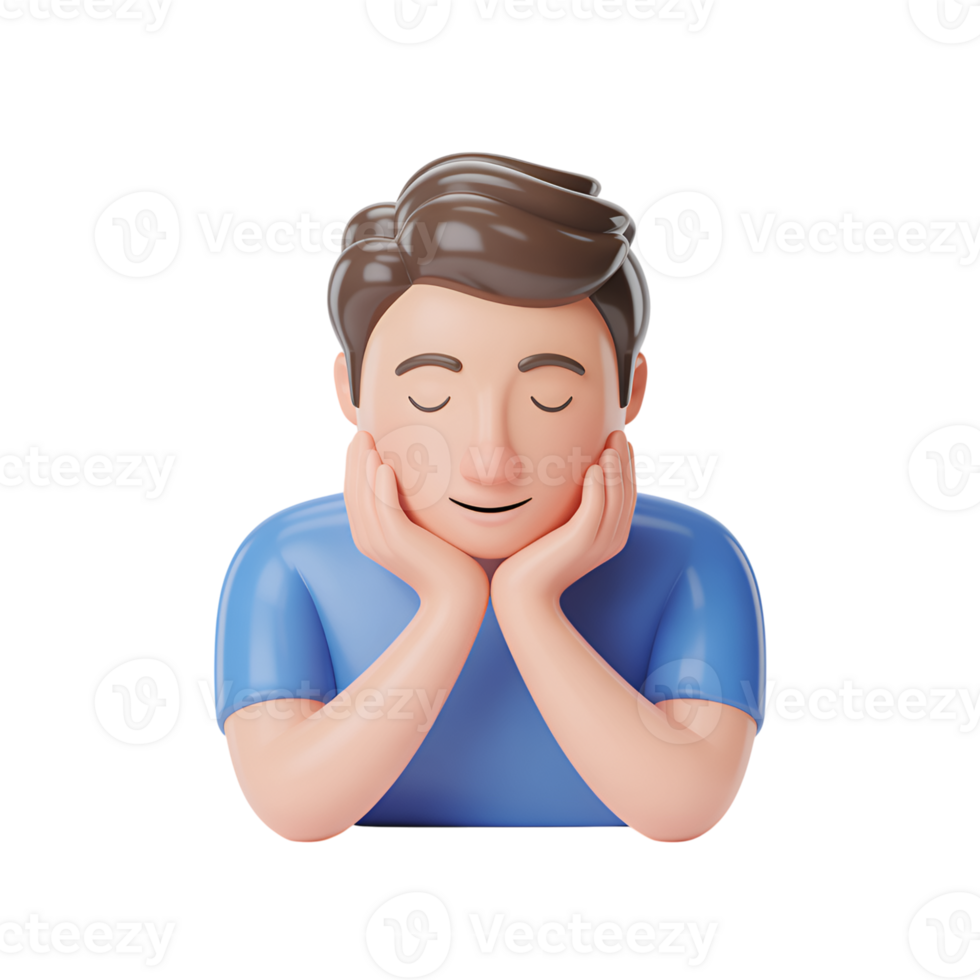 Cartoon man resting chin on hands with eyes closed in 3d render illustration png