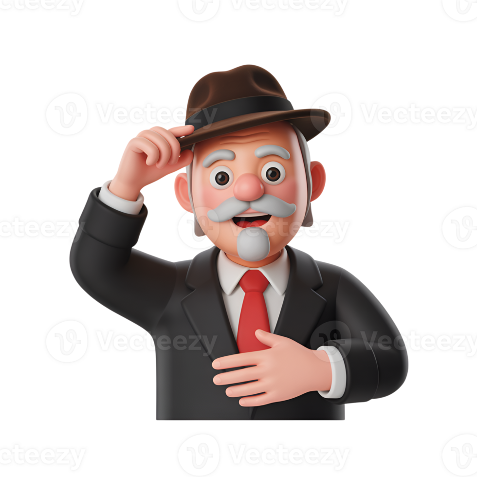 Cartoon man in suit tipping hat with red tie and mustache rendered in 3d style png