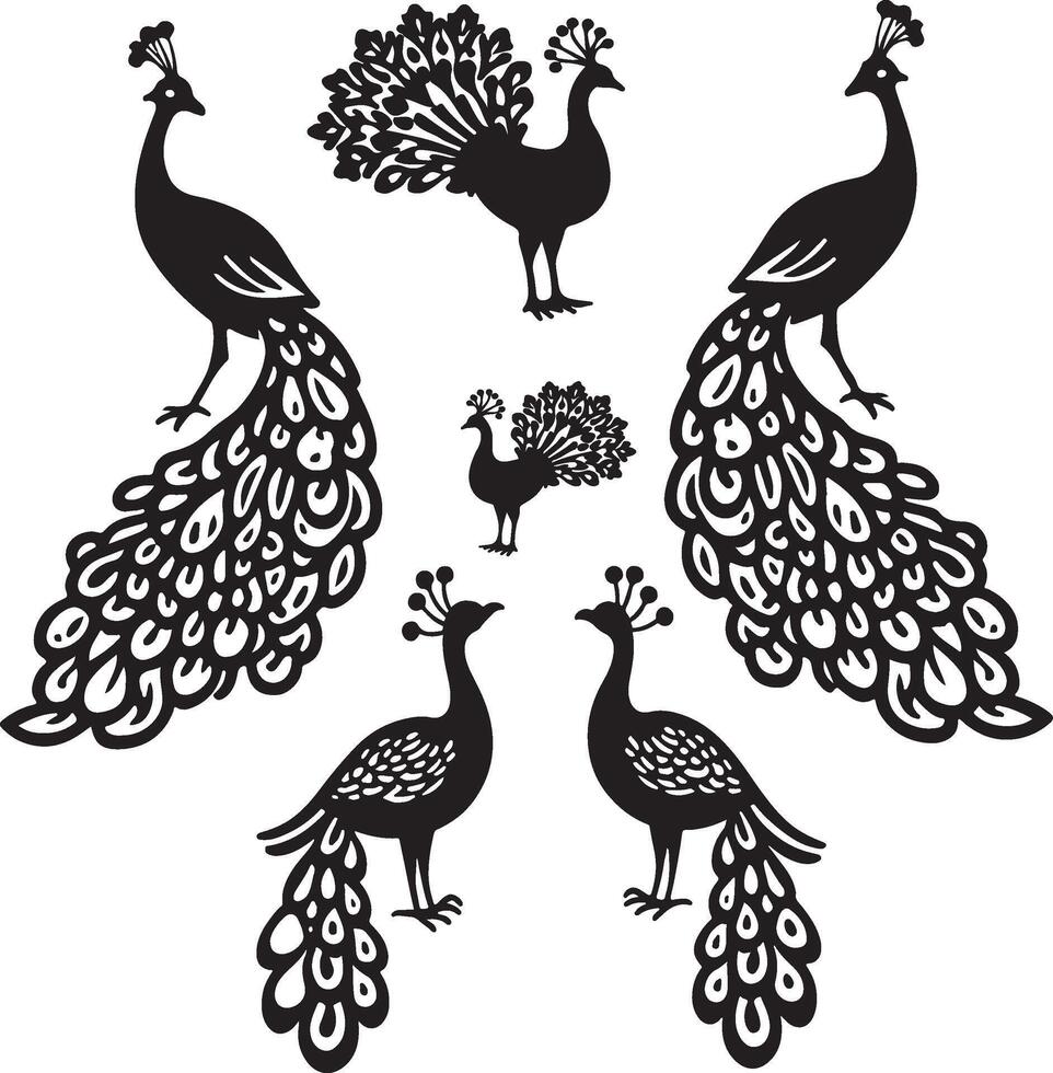 Elegant Black Peafowl Silhouette Art with Intricate Decorative Patterns vector