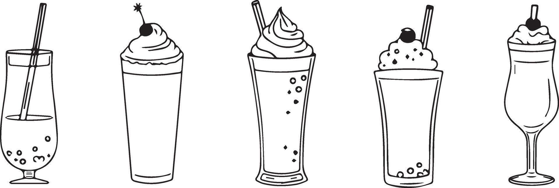 Cute Bubble Tea and Milkshake Outline Icons vector