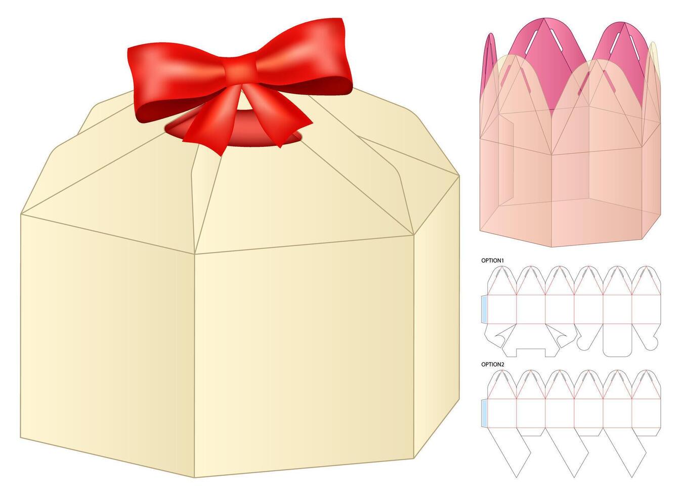 Hexagonal Gift Box Red Bow Dieline Template vector