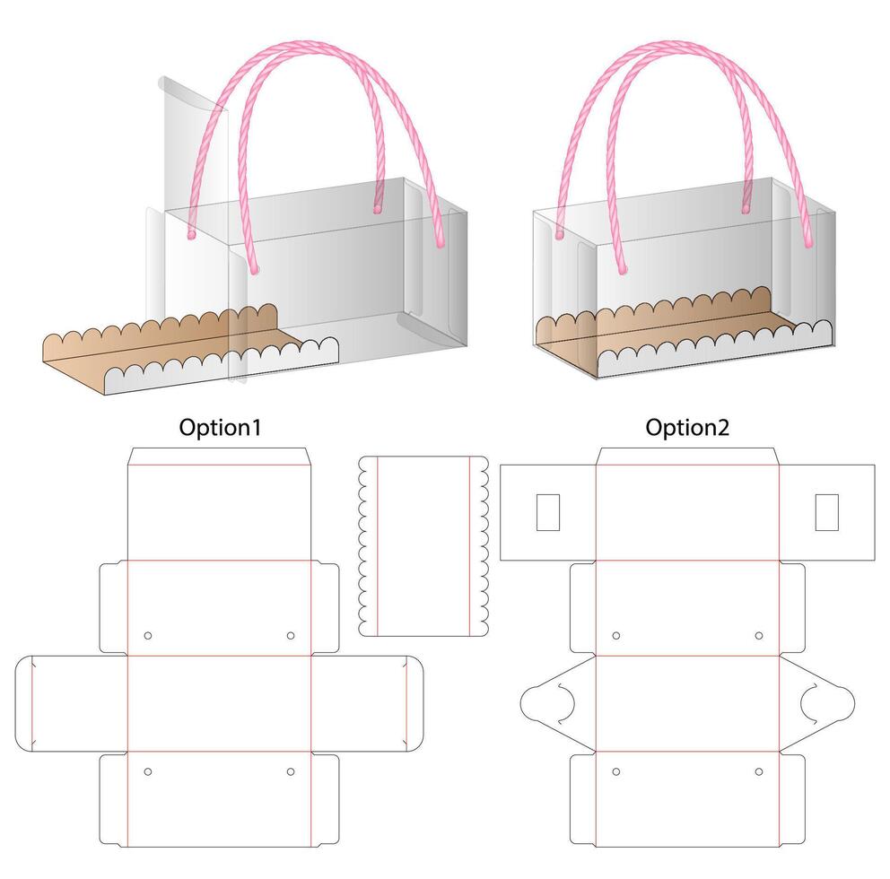 Transparent Box Packaging With Rope Handle, Dieline Template vector