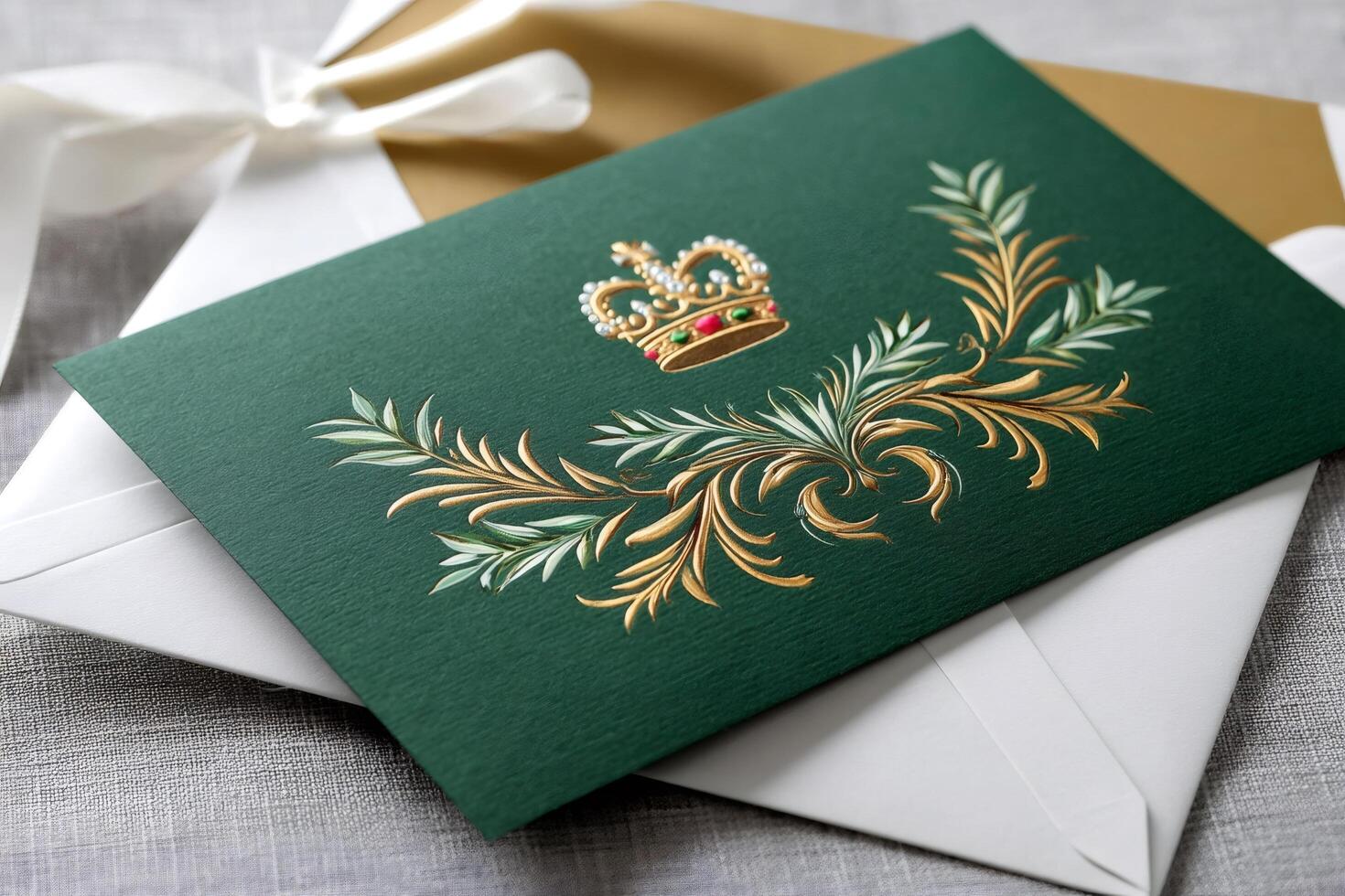 Elegant green greeting card with gold foil crown and leaves design featuring a white envelope photo