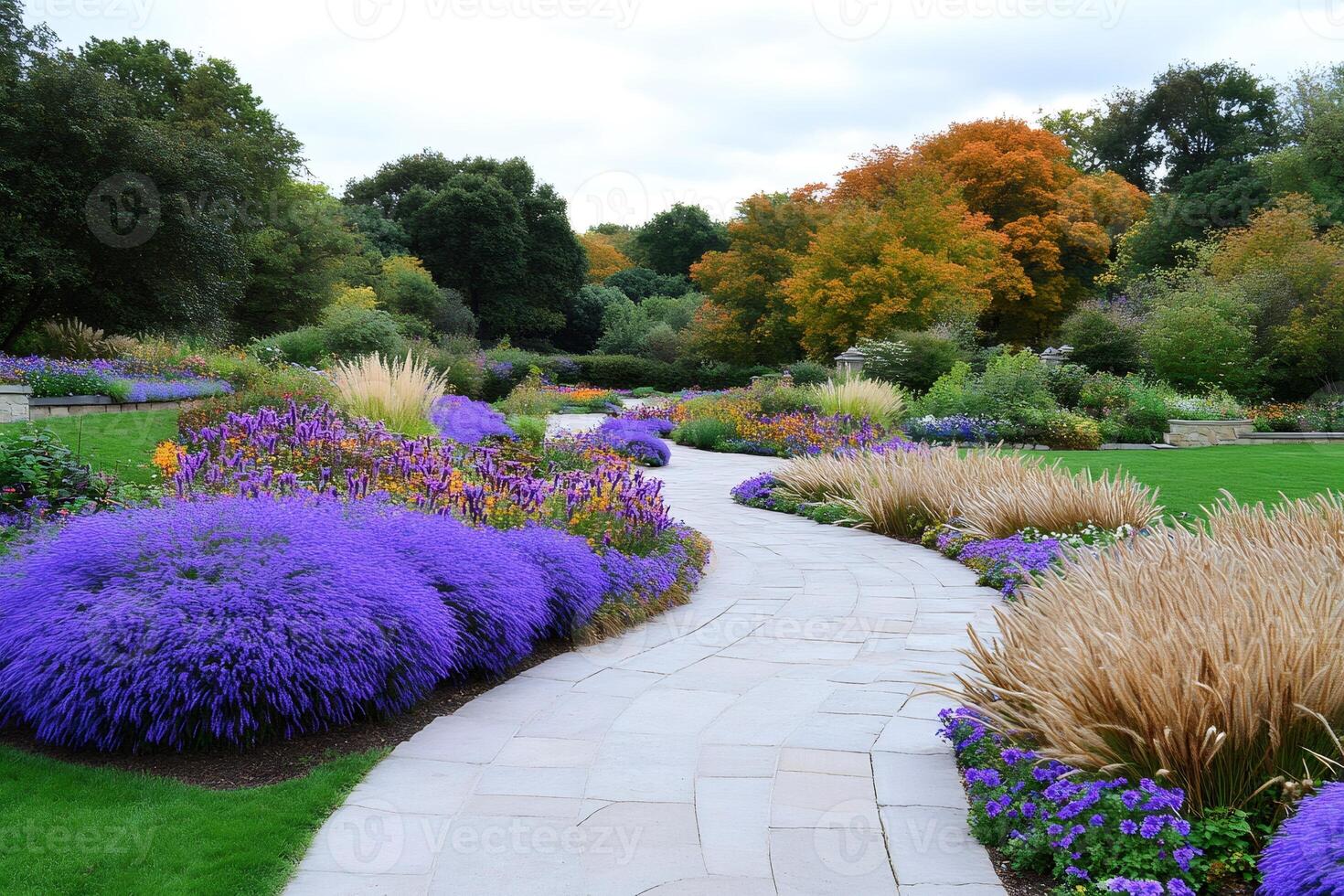Winding stone path through colorful autumn garden in Montreal Botanical Garden photo