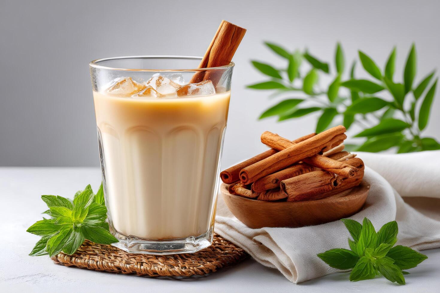 Iced latte with cinnamon sticks and mint leaves is waiting on white table photo