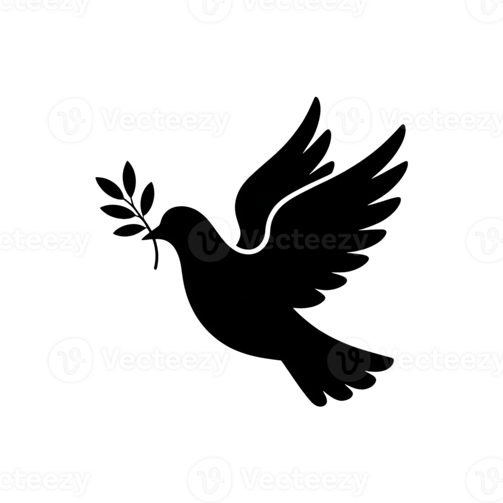 Dove silhouette carrying olive branch, peace symbol, bird in flight, isolated png