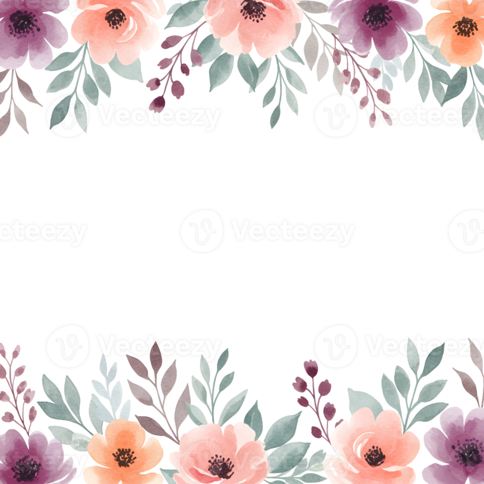 Floral frame with watercolor flowers and leaves on a transparent background png