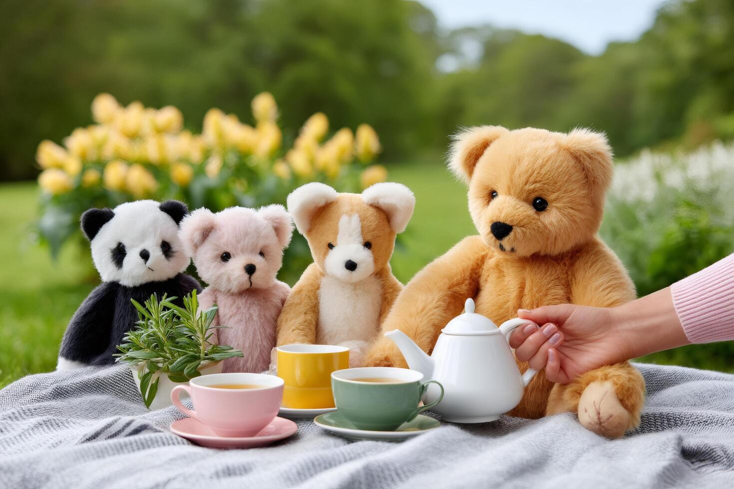 Teddy bears enjoying a tea party in the garden photo