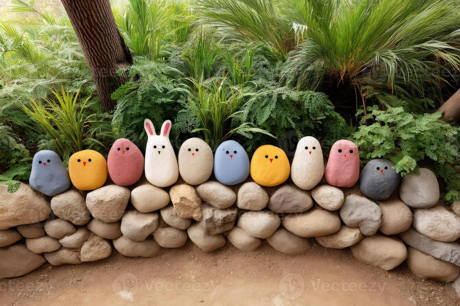 Colorful handmade easter eggs and rabbit resting on a stone wall in a garden photo