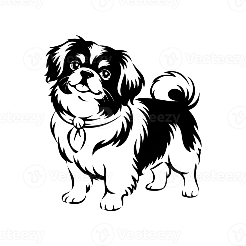 Pekingese dog illustration, monochrome pet portrait with collar and cheerful expression png