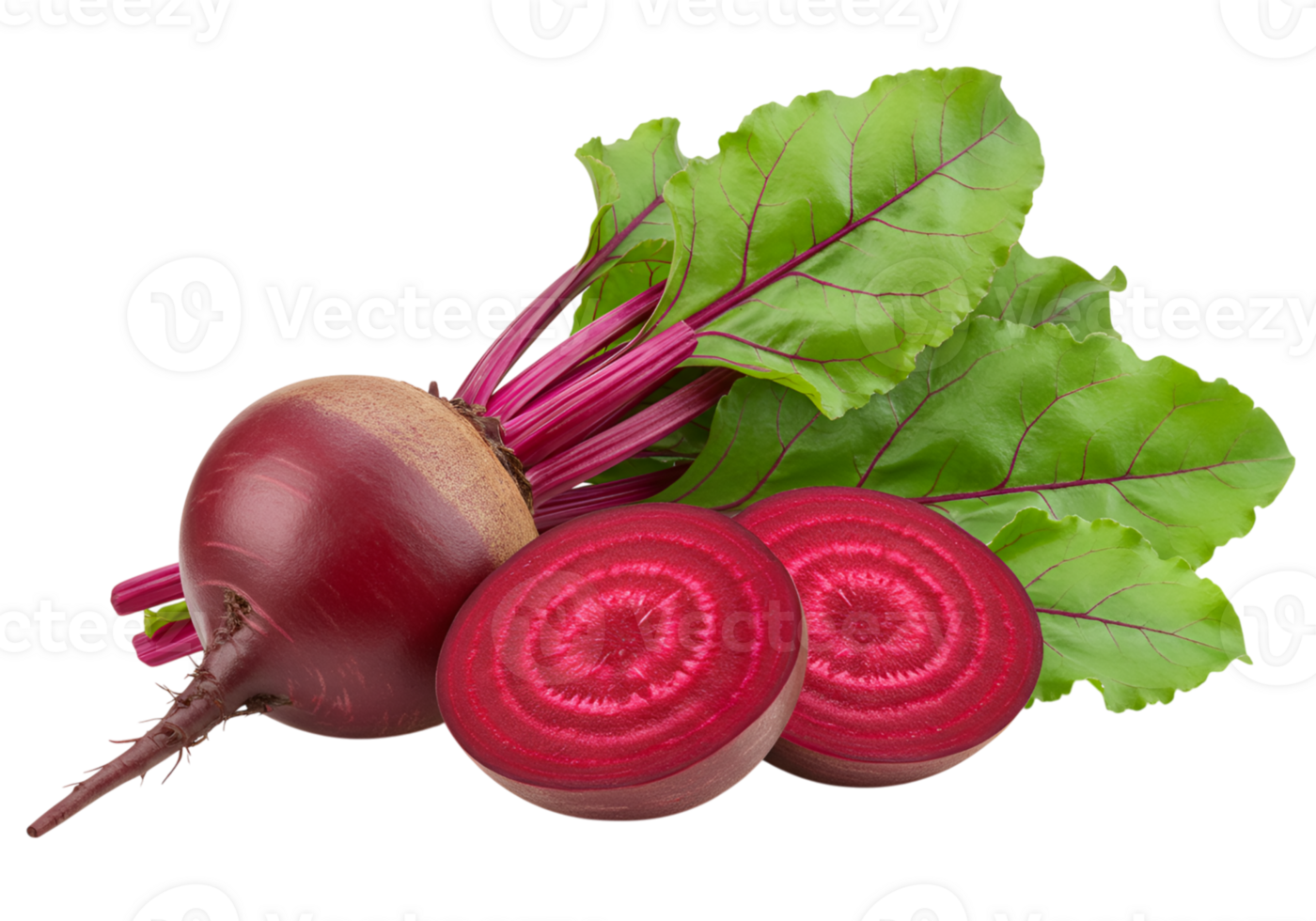 Fresh beets with green leaves and sliced beetroots on a plain background png