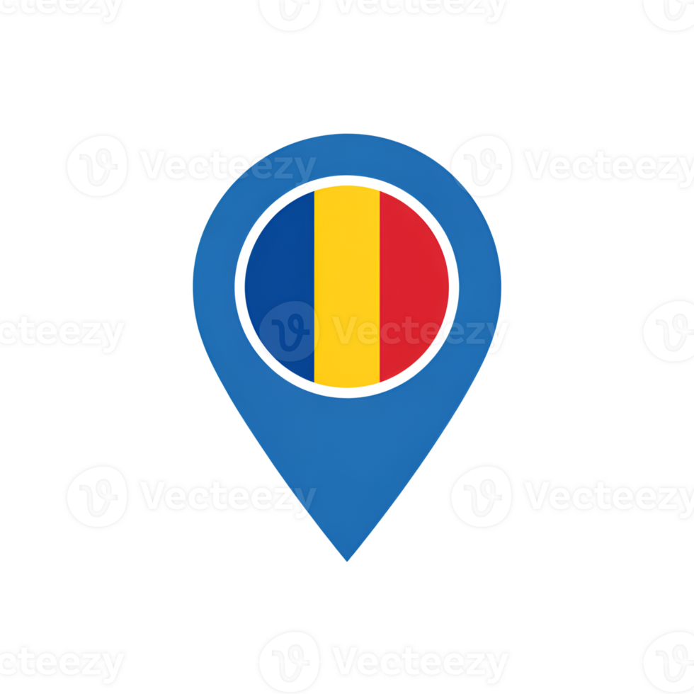 Romania flag in map pin, blue locator icon with romanian national colors png