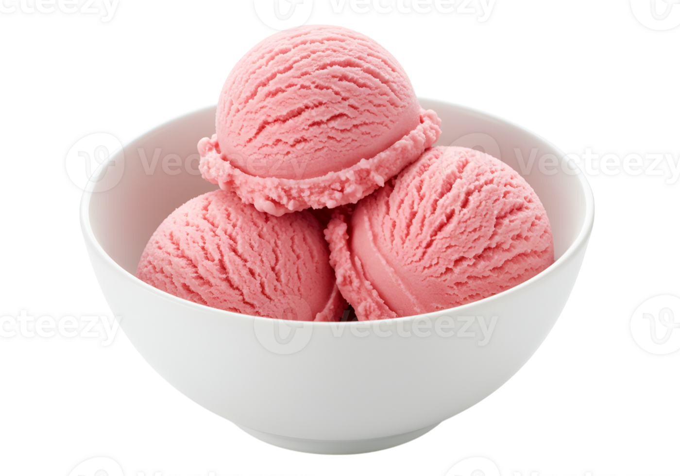 Strawberry ice cream scoops in a white bowl, refreshing summer dessert treat png