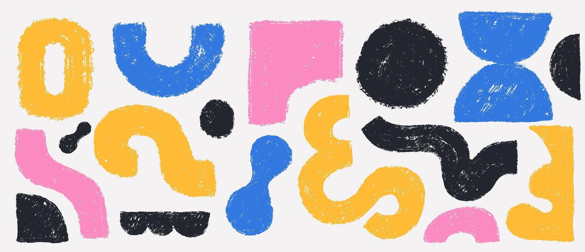 Set of abstract thick lines charcoal drawing grunge shapes in doodle scribble style. Colorful hand drawn bold geometric forms in childish style. Playful kids figures brush strokes collection. vector
