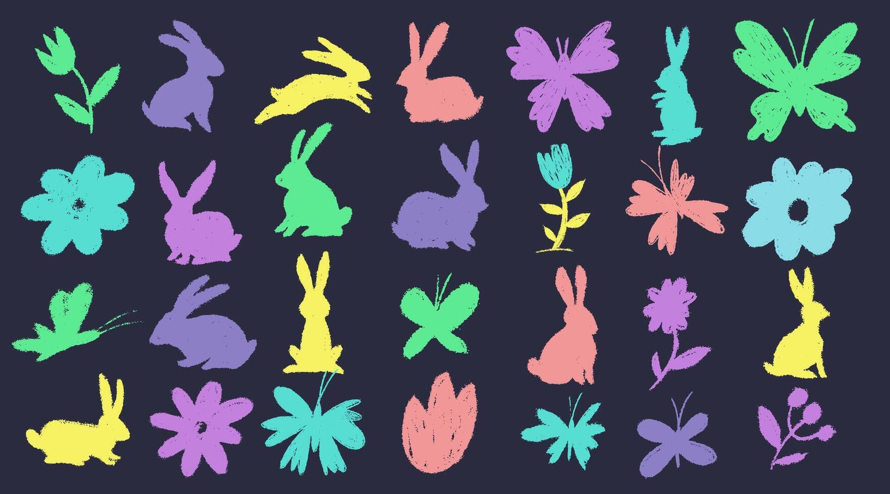 Set of Easter bunny and butterfly. Flower rabbit hand drawn crayon . Cute floral pattern with rainbow bunny animal, spring butterfly collection. Easter kid rabbit design. Watercolor pastel print vector