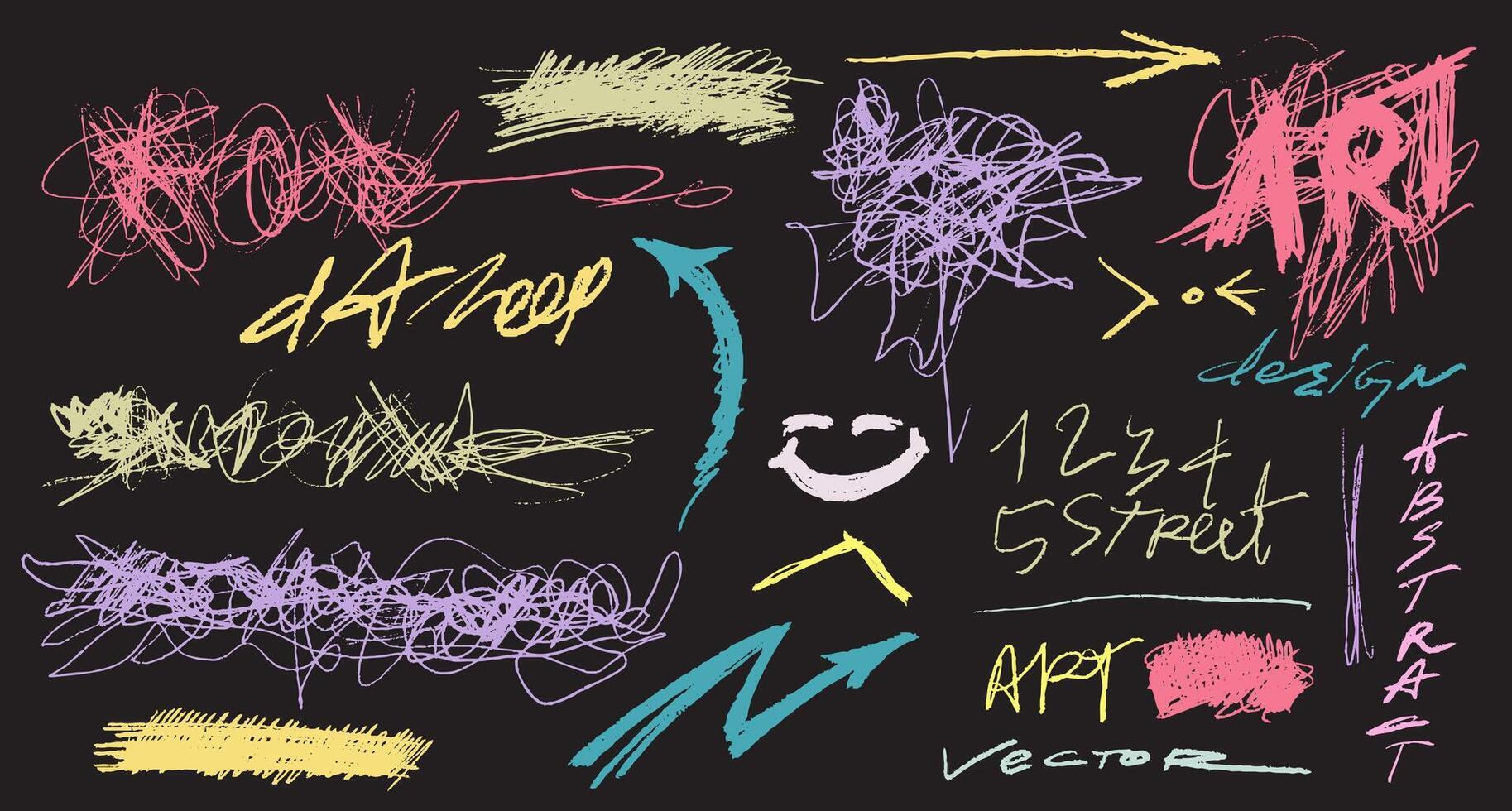 Set of pencil lines and squiggles. Art brush. Hand drawn colored charcoal smears, swirls, waves. Doodle style art sketchy lines. scratchy strokes with rough edges. Colored bold lines. vector