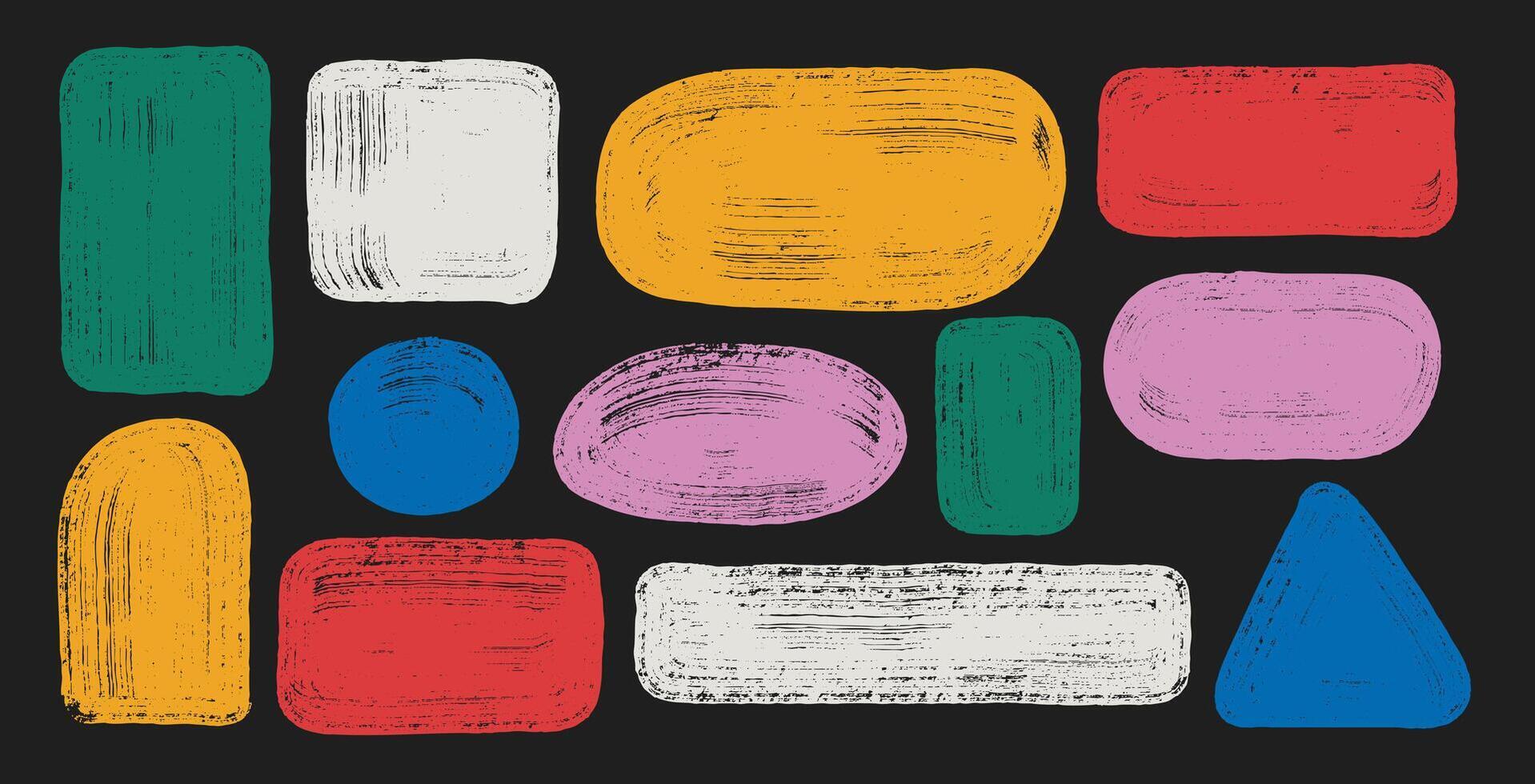 Grunge colored squares rectangles triangle and circle. Hand drawn brush strokes. painted abstract shapes set. Dirty grunge color design frames, borders or templates for text illustration. vector