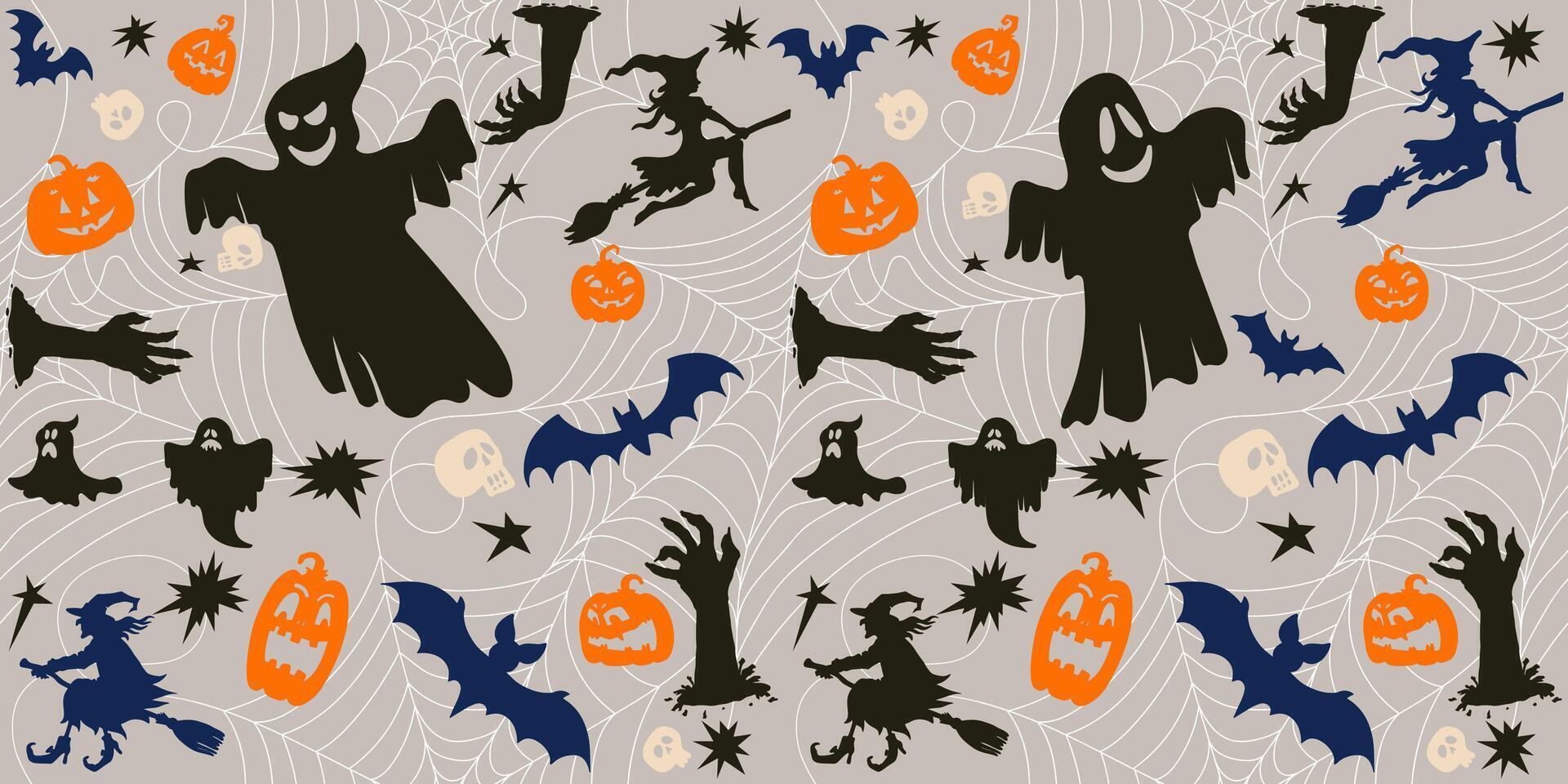 Seamless pattern of rows of halloween icons. spiders and Kid spider web on blue background. Template creepy print for Halloween decoration, design, wallpaper, textile, fabric, wrapping. vector