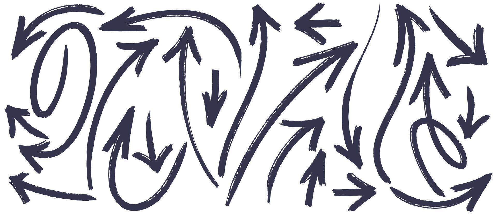 Arrows sketch pencil, texture line scribble arrow icon. Hand drawn grunge crayon, dry brush, direction element on chalkboard. Black arrow crayon, brush, doodle chalk and line set. vector