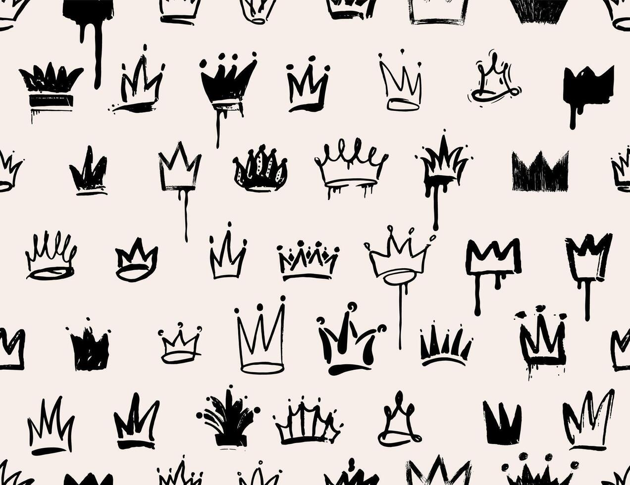Seamless spray paint crown pattern. Hand drawn graffiti king, queen or prince crowns with splashes, drips. princess tiara and diadem. Template royal head accessories in street style. vector