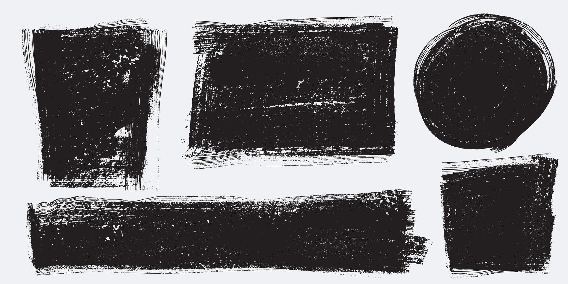 Set of grunge hand painted black blocks of paint texture. Sponge thin artist brush background. Mix abstract background. Isolated on white background vector