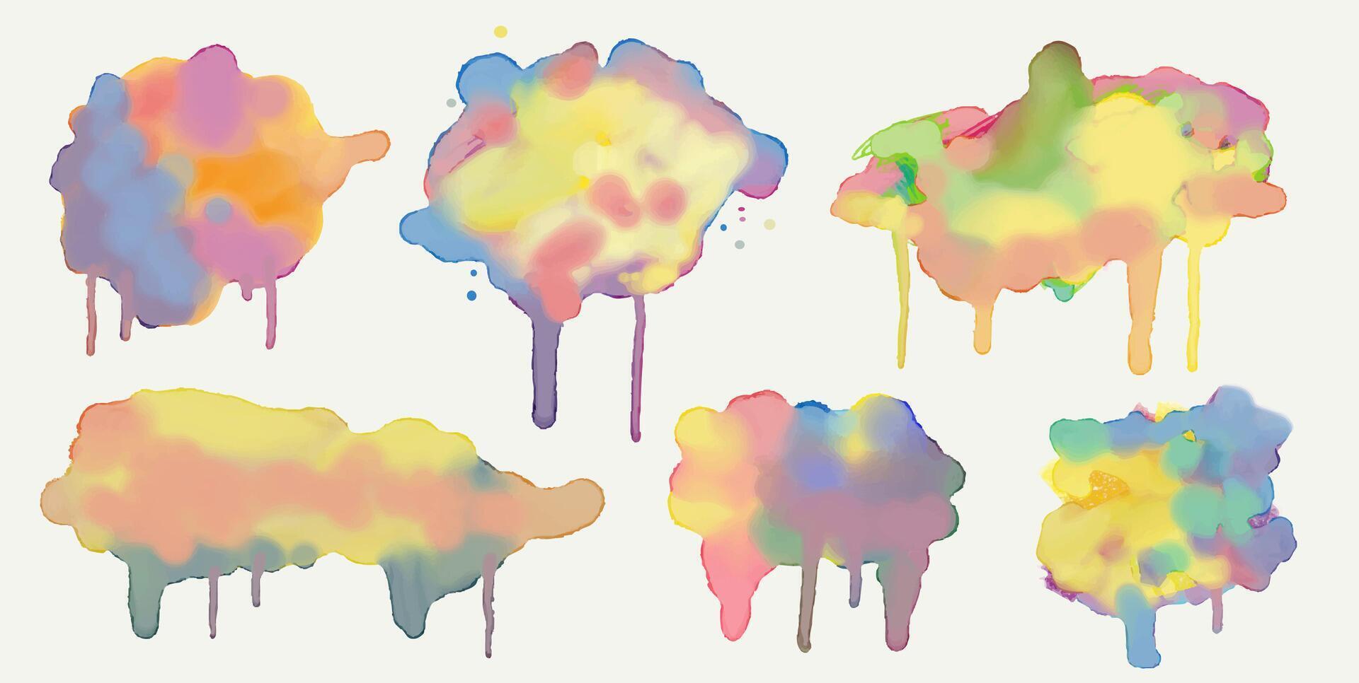 Set of colorful pastel watercolor splashes, paint blot. Paint, ink brush strokes, brushes, lines. Collection of dirty artistic design elements. watercolor illustration. Isolated on background. vector
