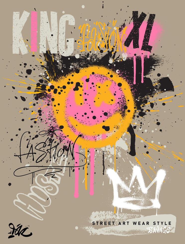 Yellow smile graffiti print with colored spray, t shirt, poster graphics print design. Smile more typography. Grunge background art urban typography hipster street art for design. vector