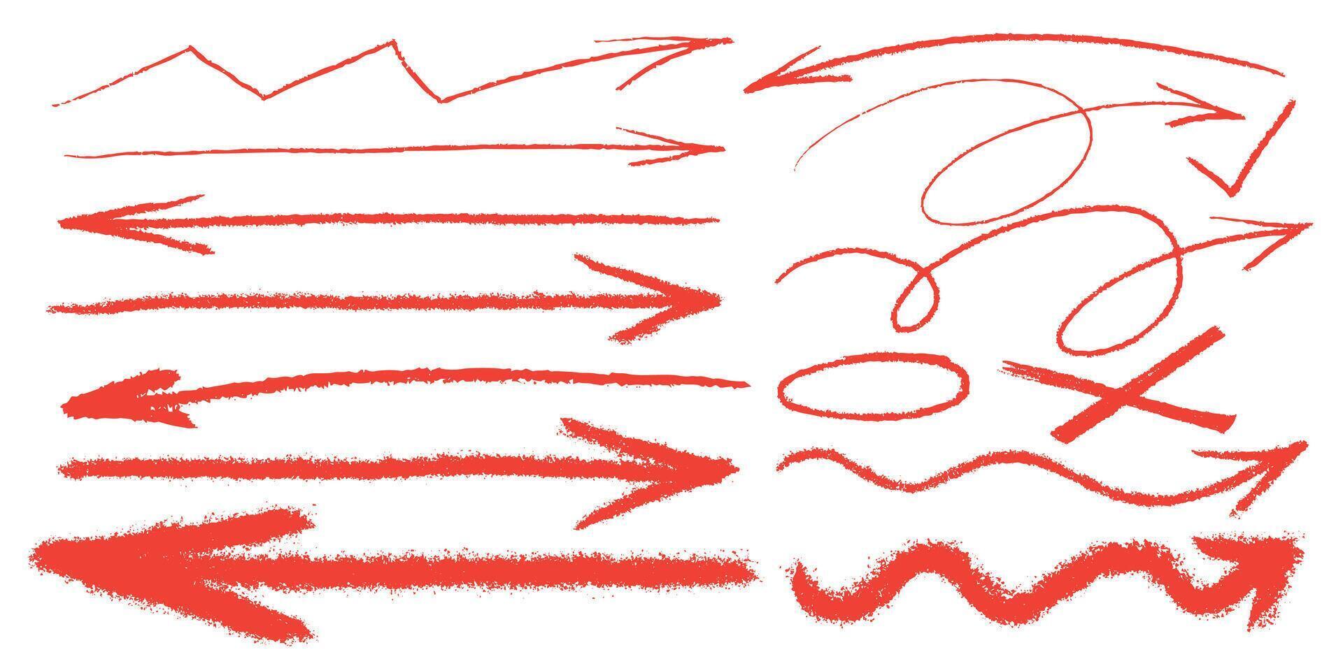 Set of grunge strike through and underline elements. Hand drawn red pencil bold lines, strokes. Red doodle business graphic elements. Typography ink brush arrow. Template crosses, curved stroke vector