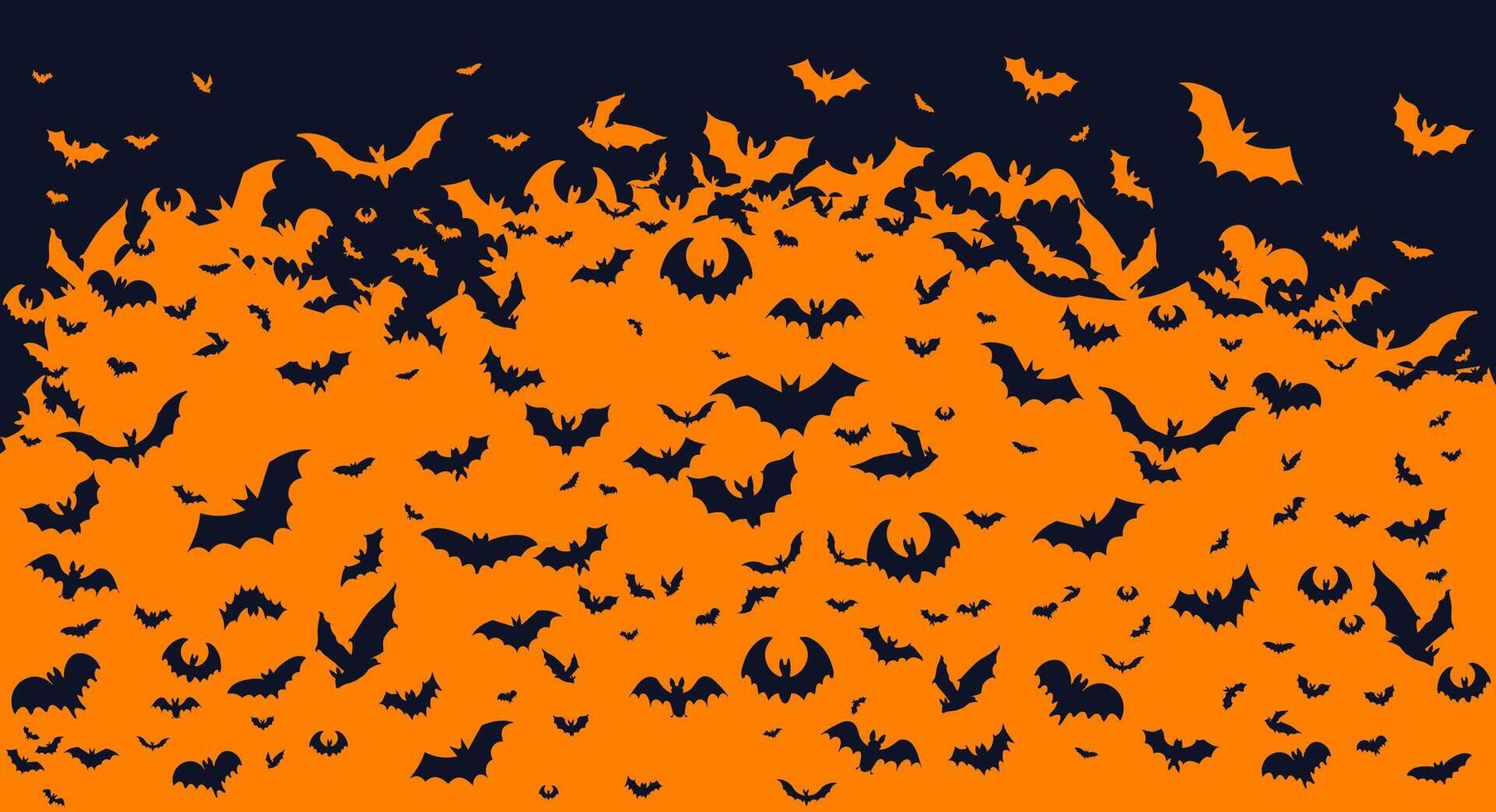 Halloween banner, poster with black bats on the orange background. Template Illustration for text. Pattern, background of halloween bat. Halloween background with swarm of bats. vector
