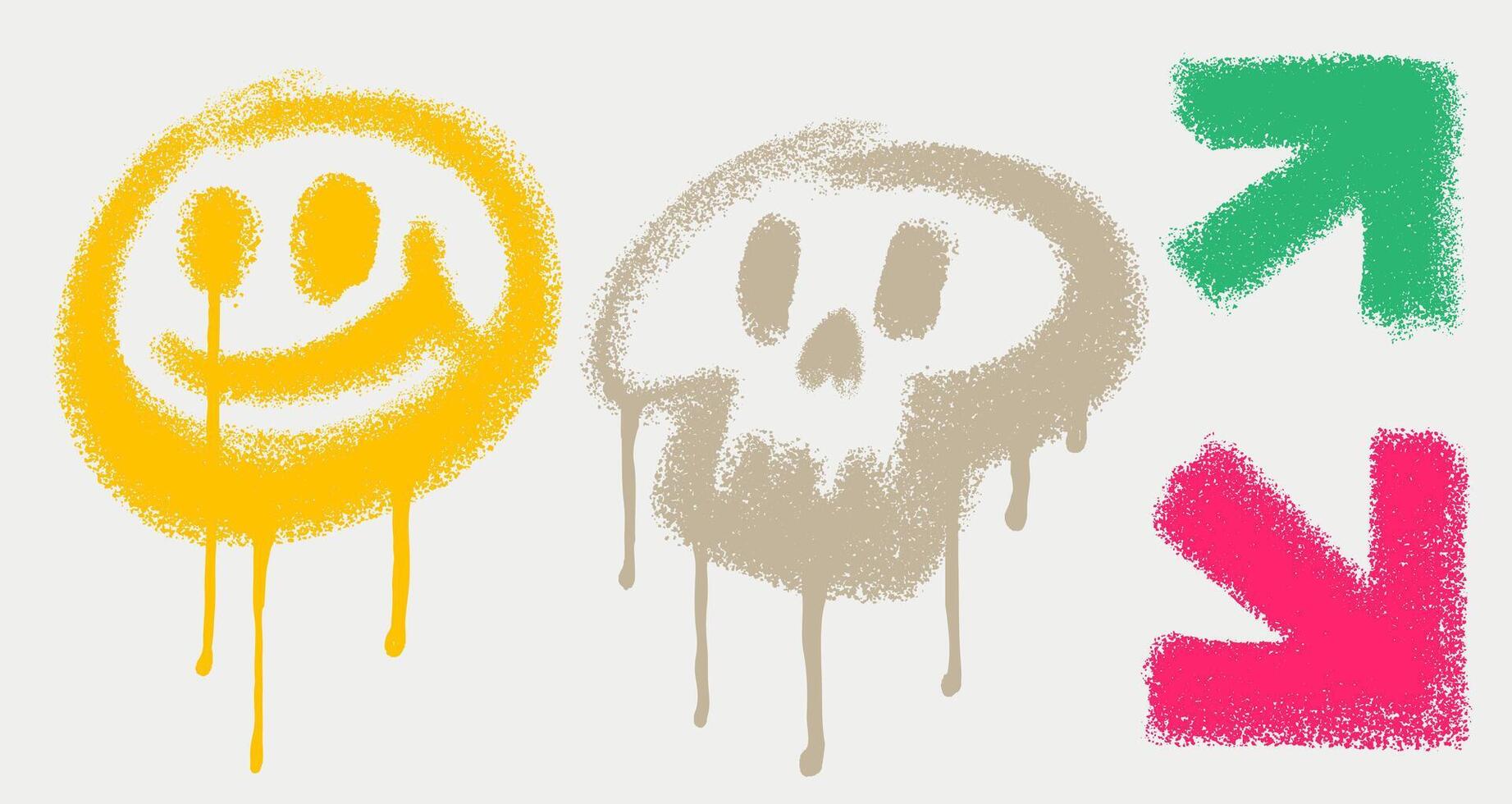 Smile, skull, arrows in graffiti style. Street Art Graffiti tag symbols and grunge icons with spray paint effect. Spray graffiti . Hand drawn grunge design abstract graffiti elements. vector