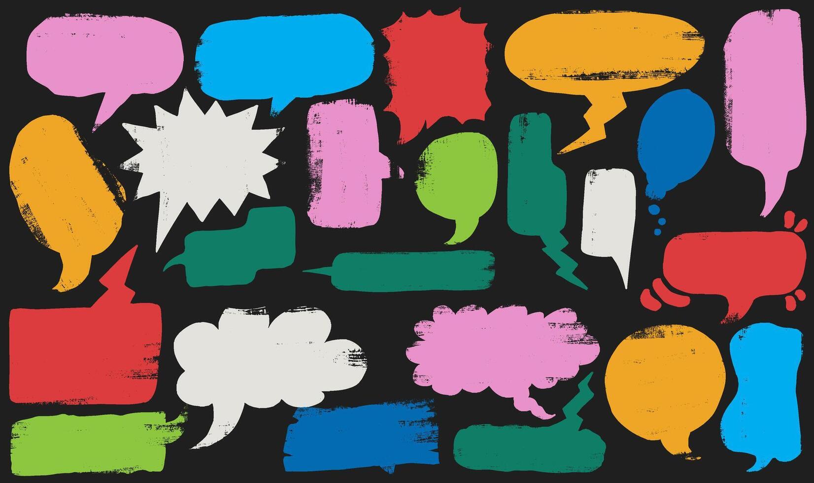 Set of chalk pencil speech colored bubbles doodle. Comic talk balloon in sketch style. Crayon communication frame. Kids grunge texture. Collection of hand drawn isolated on white background. vector