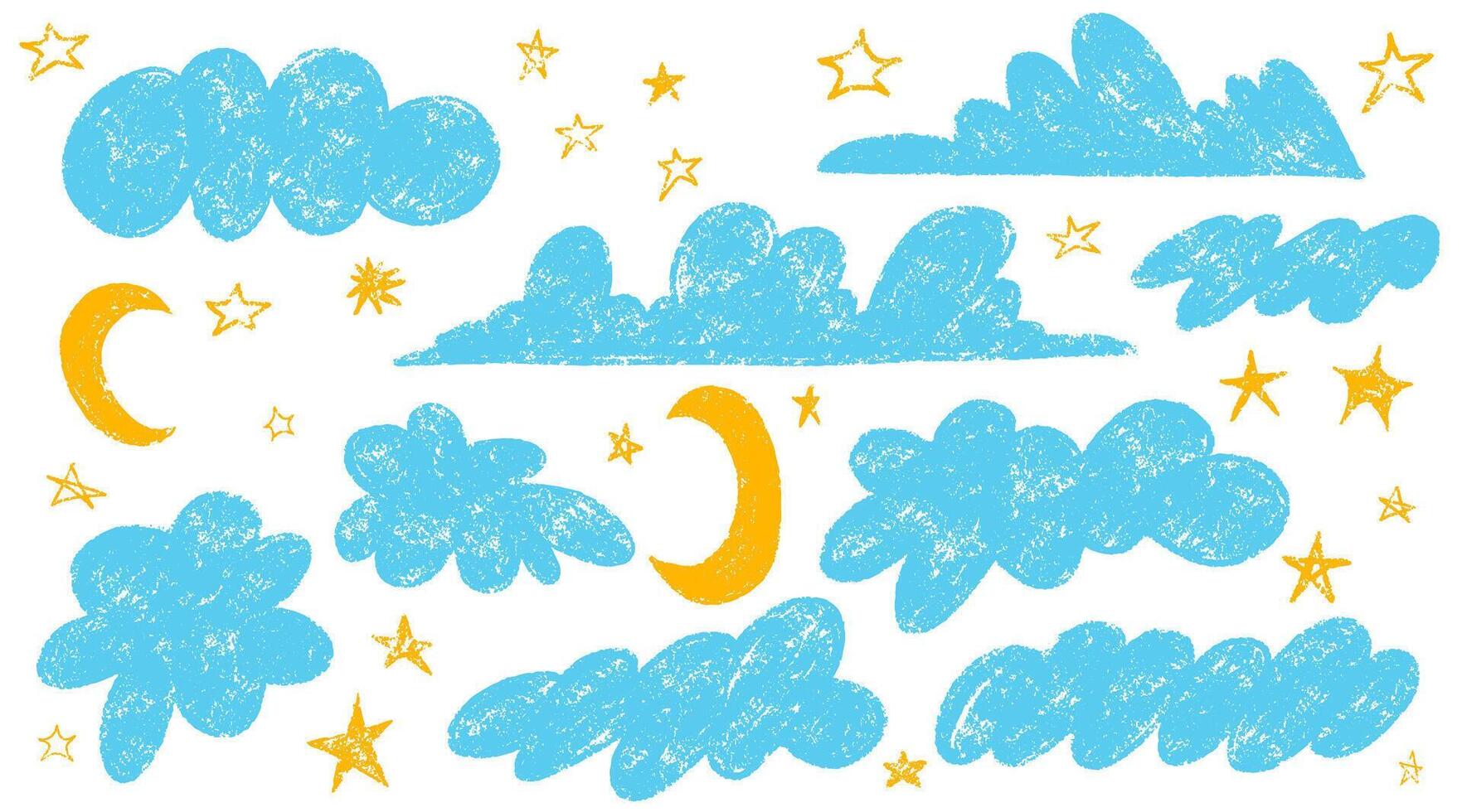 Set of hand drawn doodle clouds and stars. crayon drawn clouds cute stars in kids style. Hand drawn blue cloud. Naive style childish elements. Various pencil childish icons, weather elements. vector