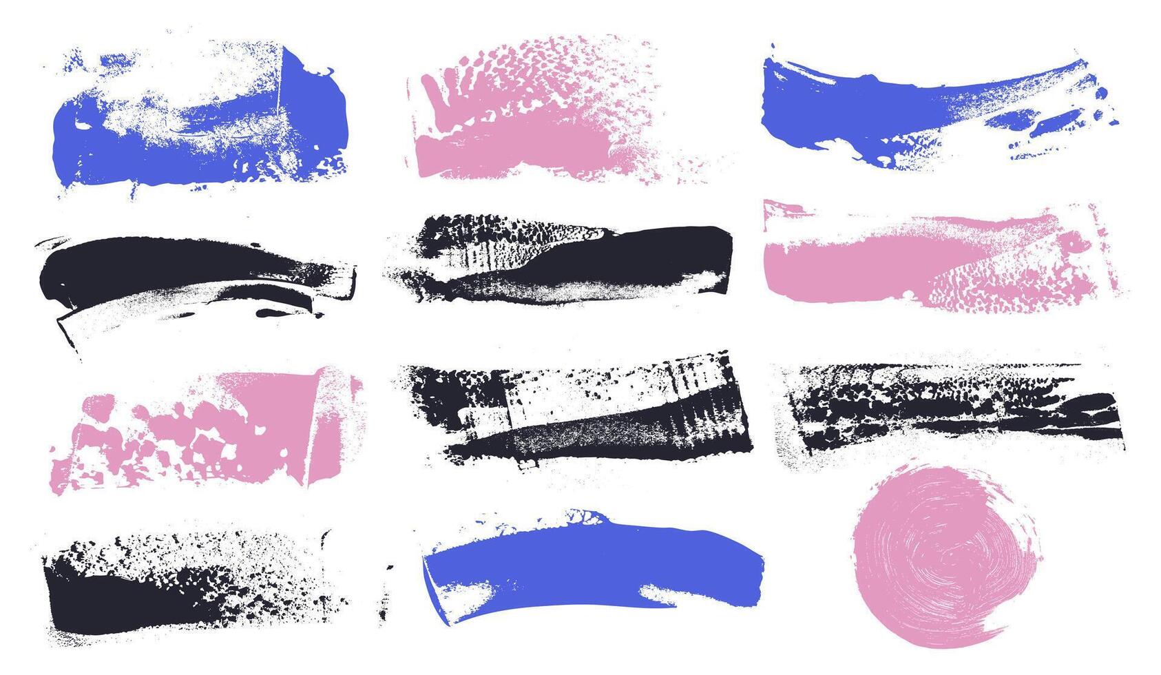 Set of abstract brush stroke paint background pink, blue, black grunge paint roller on art canvas. Black stripes, paintbrush set. Modern art textured shape. distressed banner, frames, boxes. vector