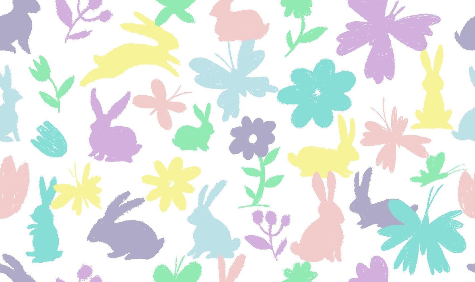 Easter bunny and butterfly seamless pattern. Flower, rabbit hand drawn crayon . Cute floral pattern with rainbow bunny animal, spring butterfly. Easter kid rabbit design. Watercolor pastel print vector