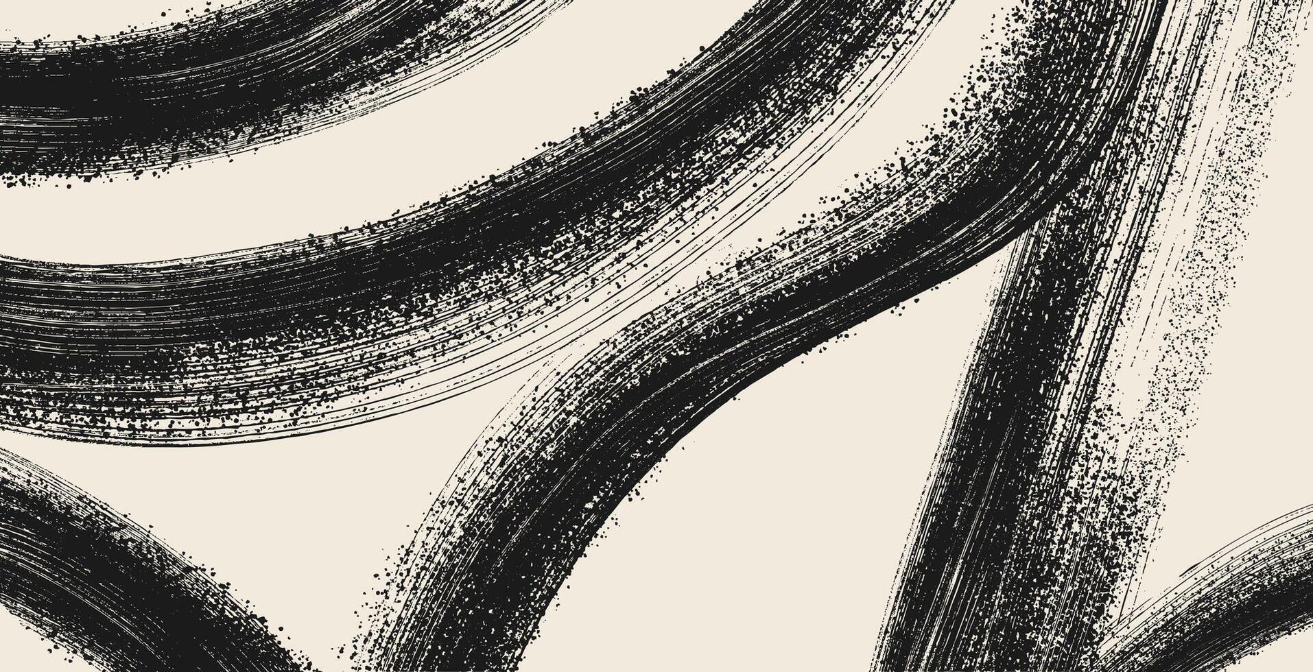 Black grunge spiral, wavy, curly dry brush stroke background with splatter spray paint texture. Retro background, poster, art, graphic design, banner. Hand drawn modern swirl texture smears. vector
