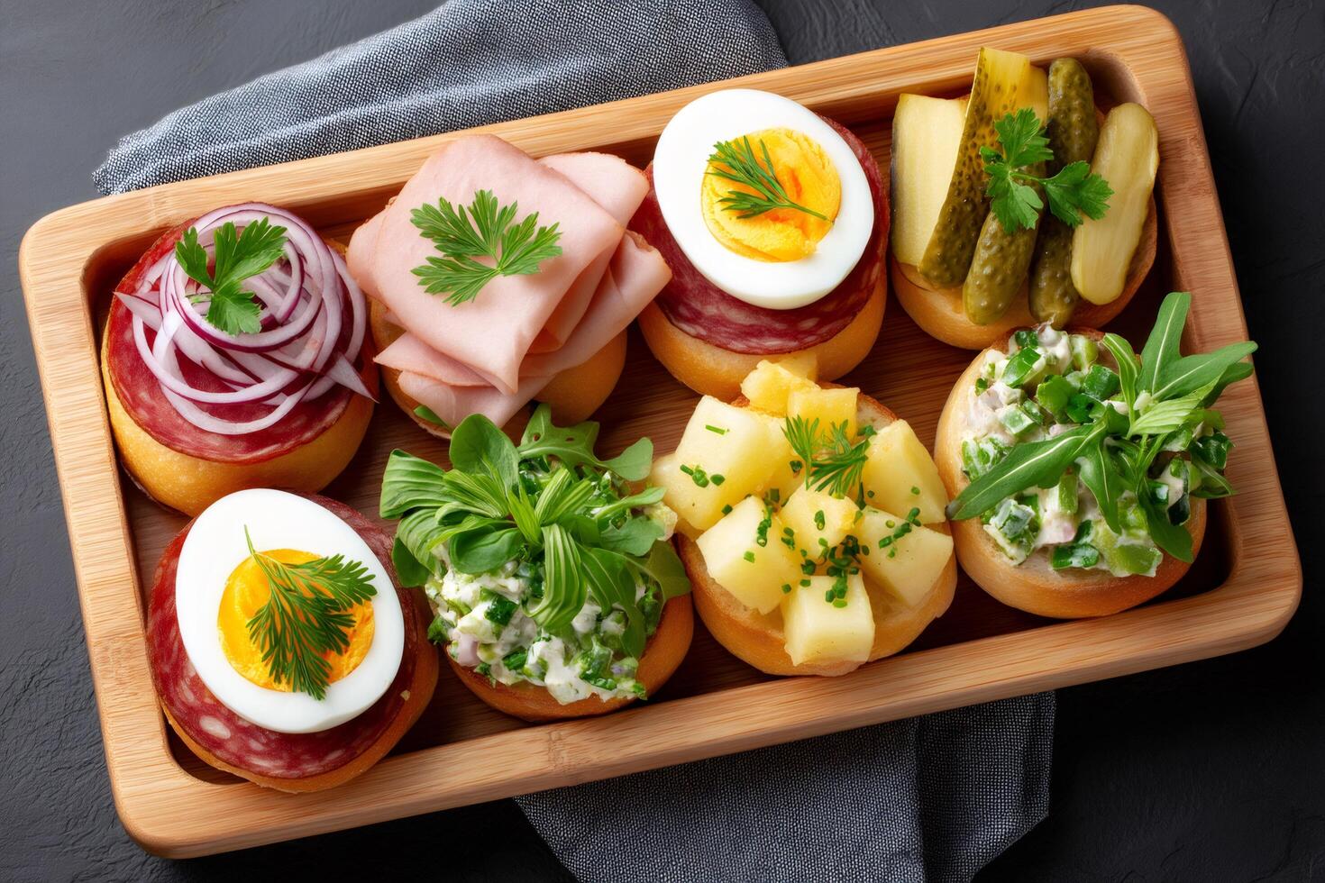 Wooden tray with various delicious canapes presenting ham, salami, eggs, pickles and potatoes garnished with fresh herbs photo
