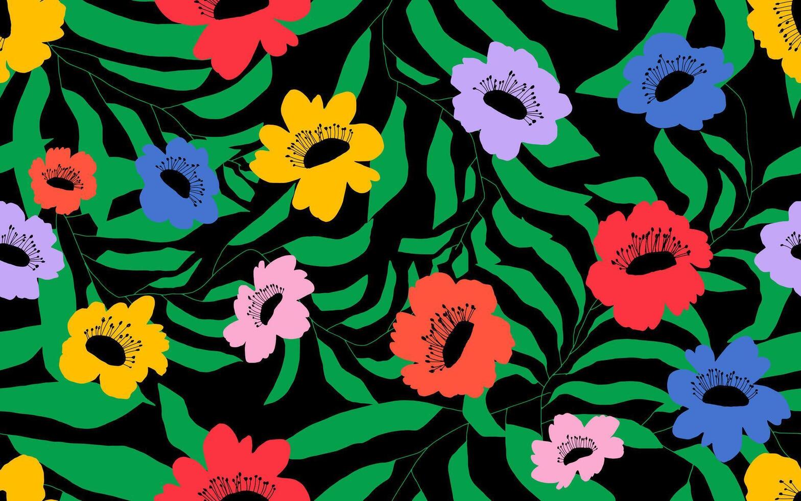 Abstract colored red, yellow, blue floral seamless pattern. Template leaf and flower pattern with ink brush texture. flowers pattern. Seamless pattern floral illustration. vector